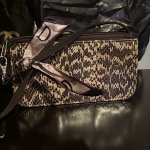 Snake-Print Wristlet Clutch in Brown and Cream